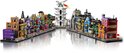 LEGO set van De Wegisweg in een V-vorm met kleurrijke winkels en kleine figuren.