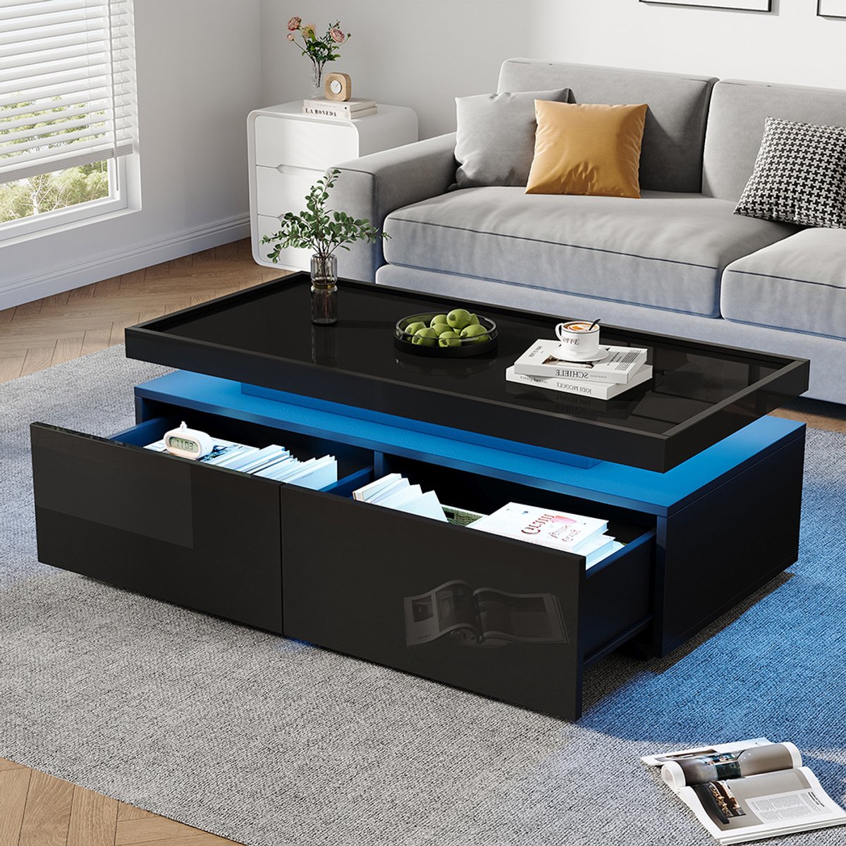 KOMHTOM BLACKCOLORS Salontafel 95*45*35 cm, salontafel met LED, salontafel met 2 lades, glanzende salontafel, moderne minimalistische tafel, bijzettafel met geometrisch ontwerp, zwart