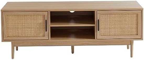 Meuble TV - Meuble TV moderne avec 2 Portes et 2 Compartiments de rangement - Construction en bois d'eucalyptus - Meubilair de salon - 130 x 39,5 x 48,5 cm - Style Japandi