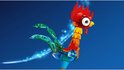 LEGO Heihei avec une crête rouge, de grands yeux blancs et un bec jaune, avec une queue bleu-vert.