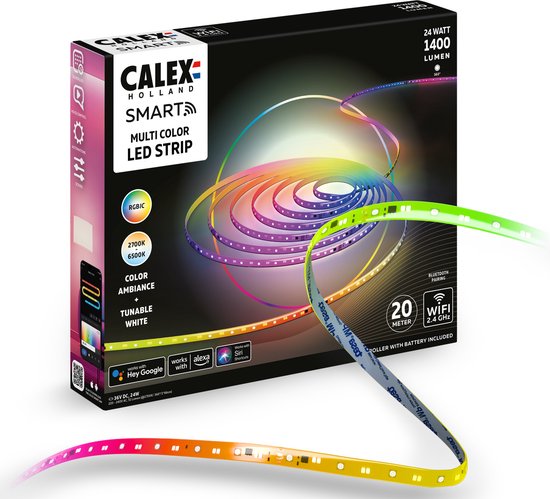 Calex Smart LED Strip - 20M, RGBIC+CCTIC, Wifi Bedienbaar, Muzieksynchronisatie, Binnengebruik, 1400 Lumen, LED Lichtsnoer, Smart Verlichting
