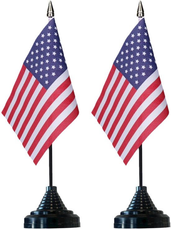 Vlag USA Amerika tafelvlaggetjes - 2x stuks - 10 x 15 cm vlag - zwarte standaard - Supporters - Versiering - Sport - Fans - USA America