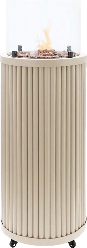 Cosi gasverwarmer in zandkleur met vlammen, omringd door verticale latten
