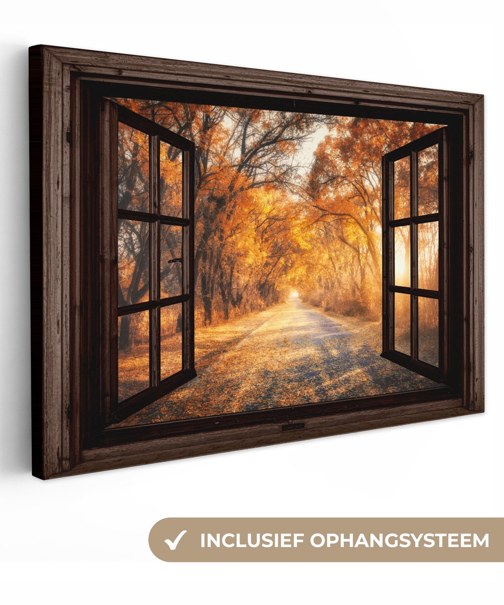 Canvas schilderij 120x80 cm - Wanddecoratie Bos - Herfst - Bomen - Bospad - Natuur - Doorkijk - Muurdecoratie woonkamer - Slaapkamer decoratie - Kamer accessoires - Schilderijen op canvas