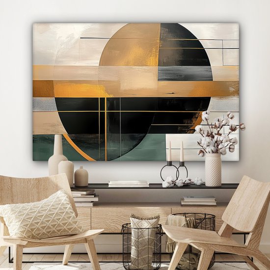 Canvas schilderij 120x80 cm - Wanddecoratie Abstract - Goud - Brons - Groen - Vormen - Modern - Muurdecoratie woonkamer - Slaapkamer decoratie - Kamer accessoires - Schilderijen op canvas