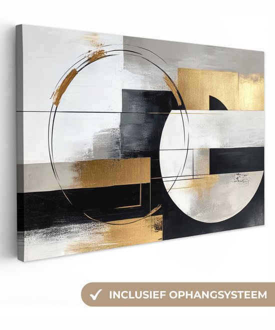 Canvas schilderij 120x80 cm - Wanddecoratie Abstract - Goud - Zilver - Vormen - Aesthetic - Muurdecoratie woonkamer - Slaapkamer decoratie - Kamer accessoires - Schilderijen op canvas