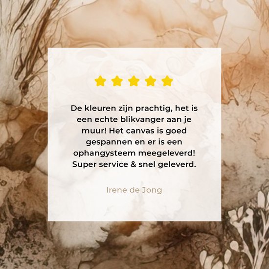 Review van een abstract schilderij in beige, bruin en wit met bloem- en takvormige details.