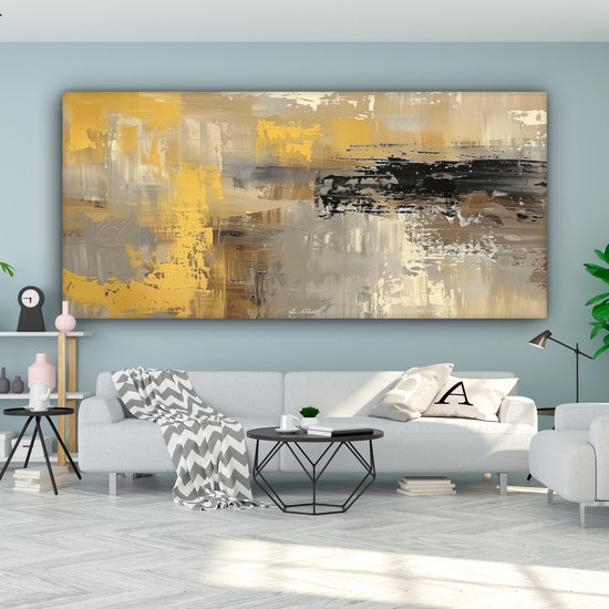 Tableau sur toile 200x100 cm - Décoration murale Abstraite - Jaune - Moderne - Beige - Décoration murale salon - Décoration chambre - Accessoires chambre - Peintures sur toile