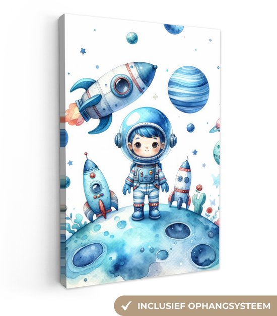 Canvas schilderij 20x30 cm - Wanddecoratie kinderkamer Ruimte - Blauw - Astronaut - Raket - Planeten - Muurdecoratie babykamer - Kamer decoratie voor jongens en meisjes - Baby accessoires - Schilderijen