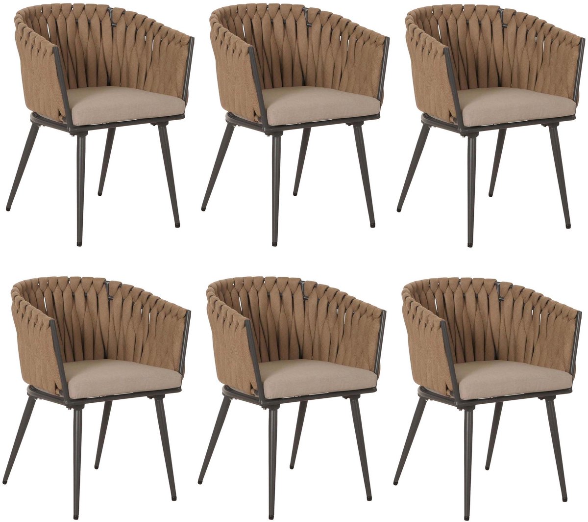 Set van 6 aluminium eetkamerstoel MCW-N38, binnenstoel armleuning, Olefin rope weave Touw ~ beige kussen lichtbruin