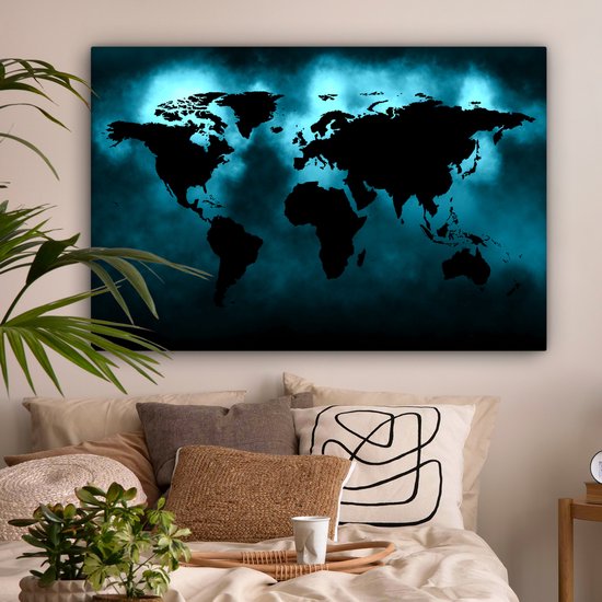 Peintures Toile Wereldkaart - Zwart - Blauw - 150x100 cm - Décoration murale