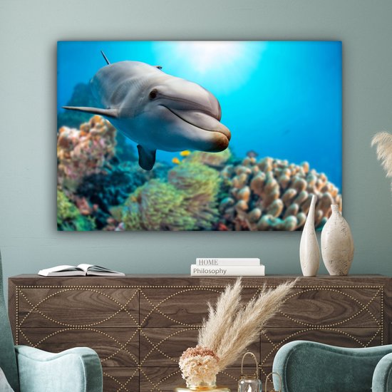 Canvas schilderij 120x80 cm - Wanddecoratie Dolfijn - Zee - Koraal - Muurdecoratie woonkamer - Slaapkamer decoratie - Kamer accessoires - Schilderijen op canvas