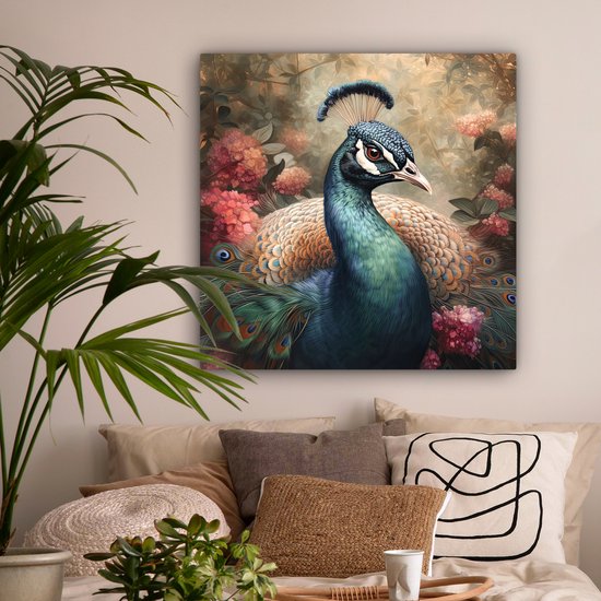 Tableau sur toile Paon - Vogel - Fleurs - Plantes - Plumes de Paon - 90x90 cm - Décoration murale