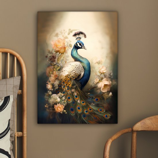 Tableau sur toile Paon - Plumes de paon - Fleurs - Vogels - Botanique - 60x80 cm - Décoration murale