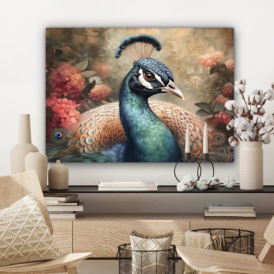 Tableau sur toile Paon - Vogel - Fleurs - Plantes - Plumes de Paon - 80x60 cm - Décoration murale