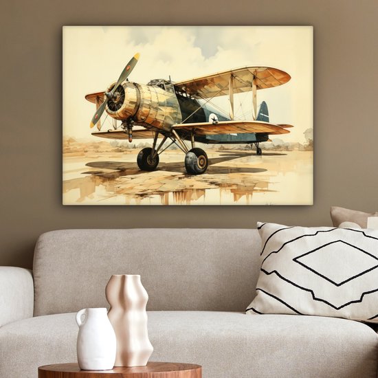 Peinture sur toile 80x60 cm - Décoration murale Vintage - Avion - Water - Beige - Véhicule - Décoration murale salon - Décoration chambre - Accessoires de chambre - Peintures