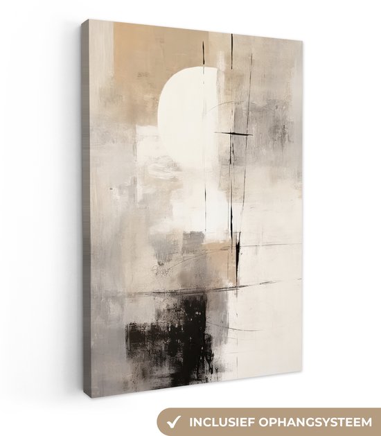 Abstract schilderij met beige, bruine, grijze en zwarte tinten. Een grote witte cirkel domineert de bovenkant, met zwarte lijnen.