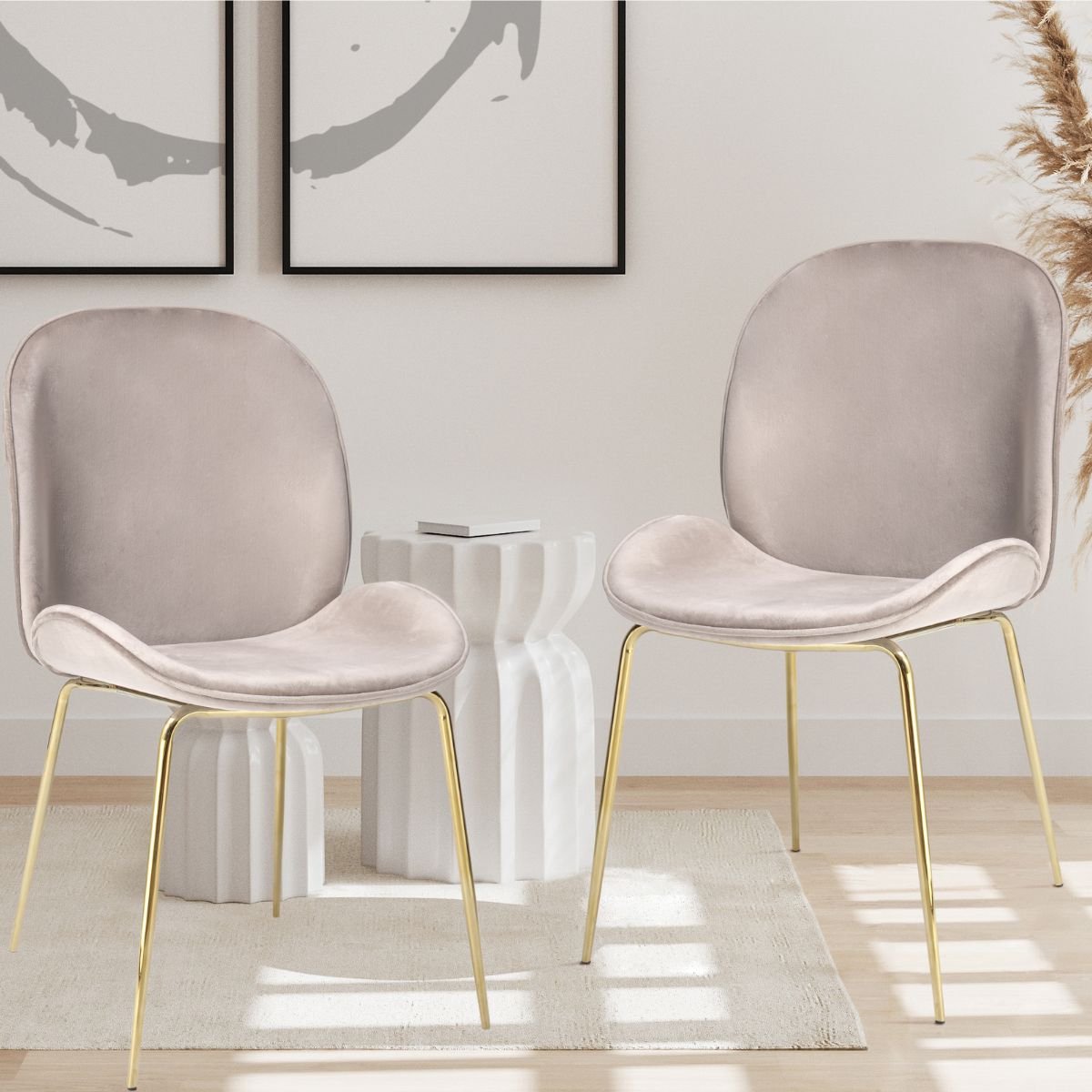 Floraya - Set 2 eetkamerstoelen Charlize - Beige/Goud - Velours - 51x63x80cm (LxBxH) - Draagkracht 100KG