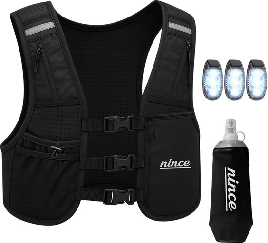Gilet de course Nince avec éclairage - Gilet de course réfléchissant avec Softflask 500 ml - Poche téléphone étanche - Éclairage de course - One Size