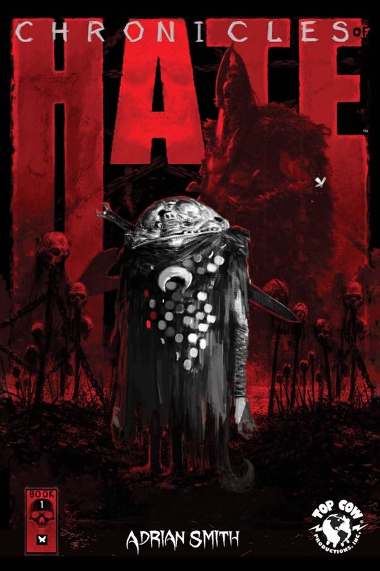 Boekcover: Chronicles of Hate met een figuur in een zwart-wit gedecoreerd gewaad en een grote wolf in de achtergrond.