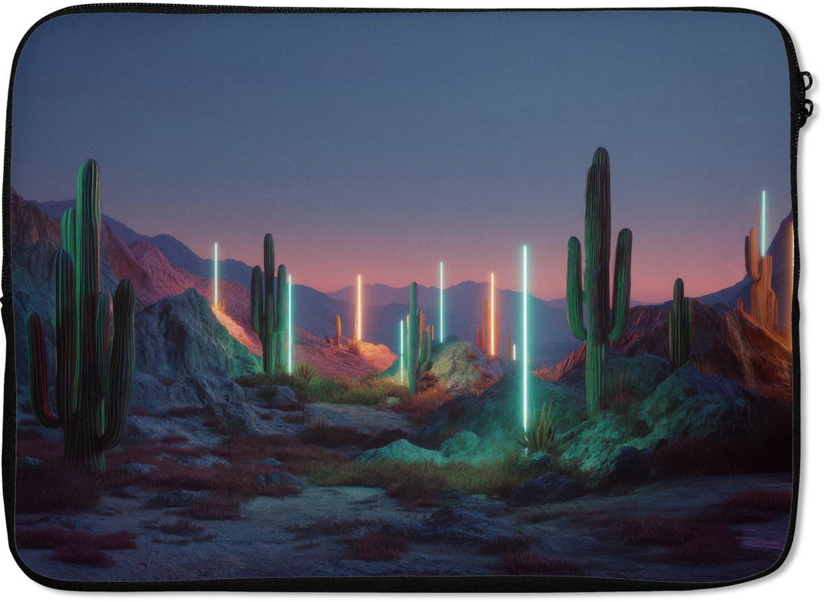 Laptophoes 14 inch - Cactus - Lichtzuilen - Zonsondergang - Laptop sleeve - Binnenmaat 33x23 cm - Zwarte achterkant
