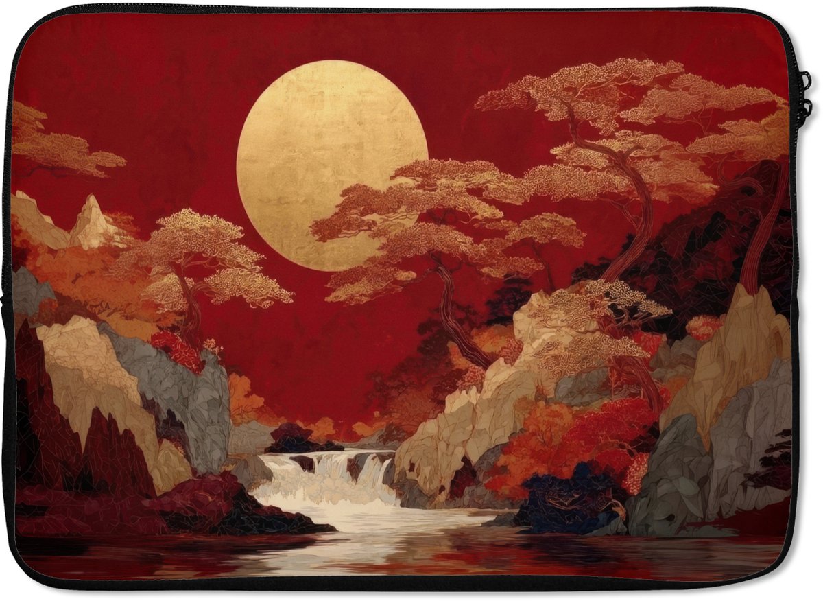 Laptophoes 13 inch - Volle maan - Landschap - Waterval - Laptop sleeve - Binnenmaat 32x22,5 cm - Zwarte achterkant