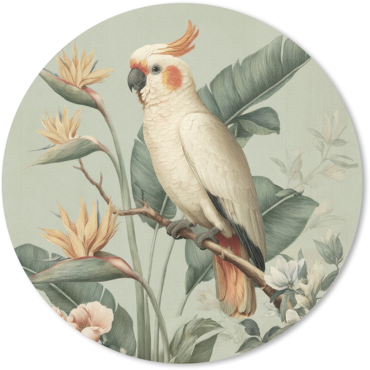 Muismat rond 30x30 cm - Mousepad Gele kuifkaketoe - paradijsvogelbloemen - Groen - Ronde muismatten