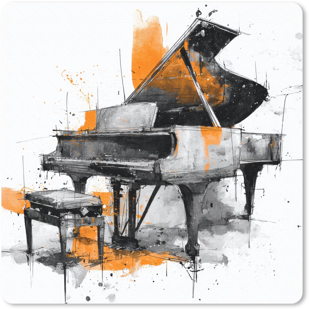 Muismat 30x30 cm - Mousepad Piano - Oranje - Zwart - schets lijnen - Muismatten