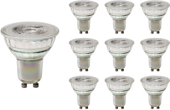 Tien Spectrum LED lampen met GU10 fitting, 7.5W, 230V. De lampen zijn van glas met een ribbelpatroon en hebben twee metalen pinnetjes.