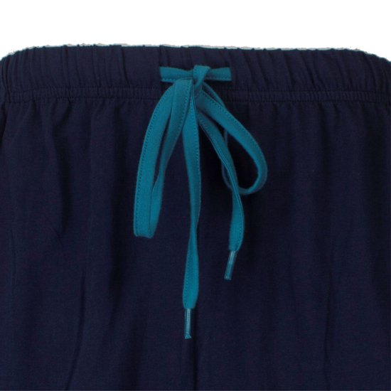 Donkerblauwe pyjamabroek met ceintuur met trekkoord.