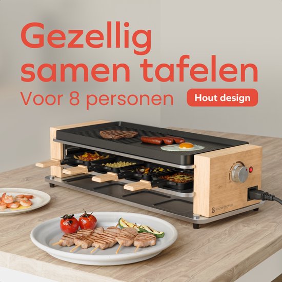 KitchenBrothers Gourmetstel - 950W - Gourmetplaat 8 Personen - BPA-vrij - Set met Pannetjes en Spatels - 46,5 x 23 cm - Hout/Zwart — afbeelding 2