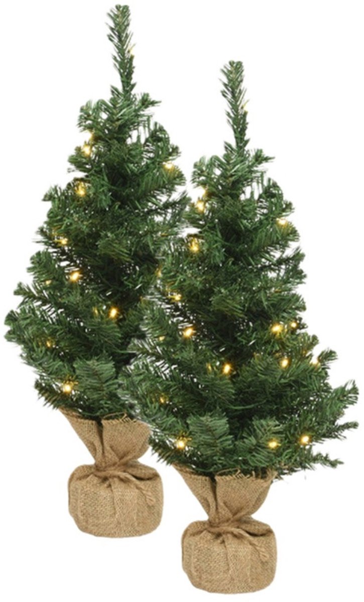 Bellatio Decorations mini kerstboom - 2x - H45 cm - met kerstverlichting - jute zak - klein kunstboompje - kunst kerstboom met LED lich