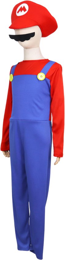 Rode pet met wit Mario-logo, zwarte snor en rode top met blauwe tuinbroek op paspop
