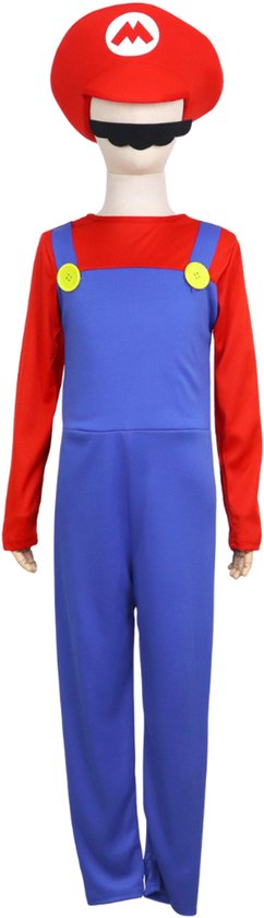 Paspop in Mario-kostuum met rode pet, snor, rode top en blauwe tuinbroek