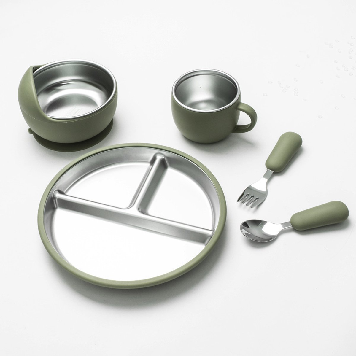 Image of 5 stuks -Kinderbord -Babybord van roestvrij staal -BPA-vrij -Antislip -Onbreekbaar -Uitneembaar -Geschikt voor kinderen van 1-3 jaar -Inclusief bord, kom, beker, vork, lepel -Grasgroen