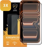 3-pack MobyDefend screenprotectors met oranje telefoon.