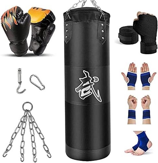 Complete Bokszakset voor MMA, Kickboksen, Muay Thai en Karate - Ongevulde Zware Bokszak met Handschoenen, Verbanden en Bevestigingsset - Geschikt voor Volwassenen en Kinderen - 100 cm Zwart