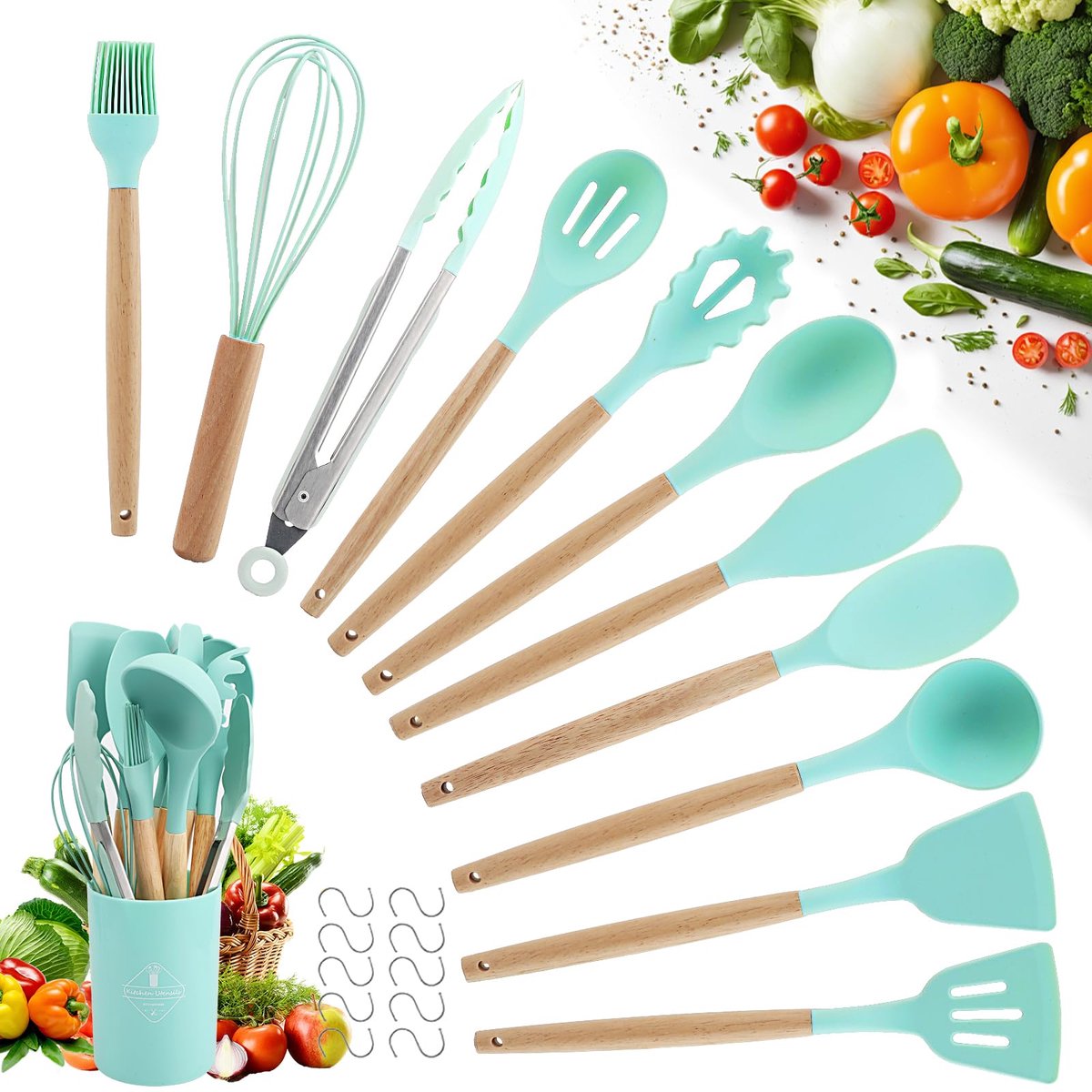 Azomor® Uitgebreide siliconen keukengerei set met houder en ophanghaken