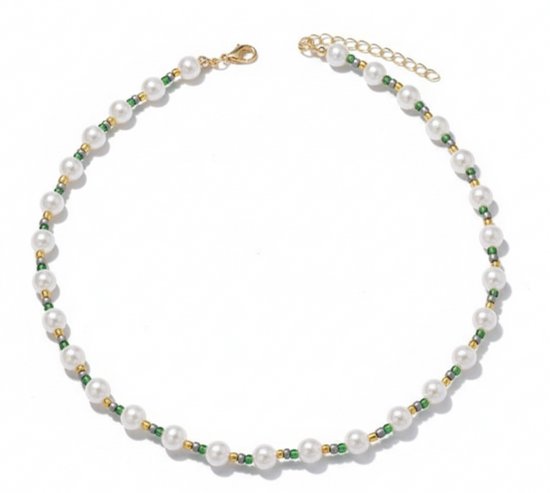 Collier de Perles pour hommes et femmes avec perles blanches et accents dorés-verts - fermeture réglable - collier de perles unisexe