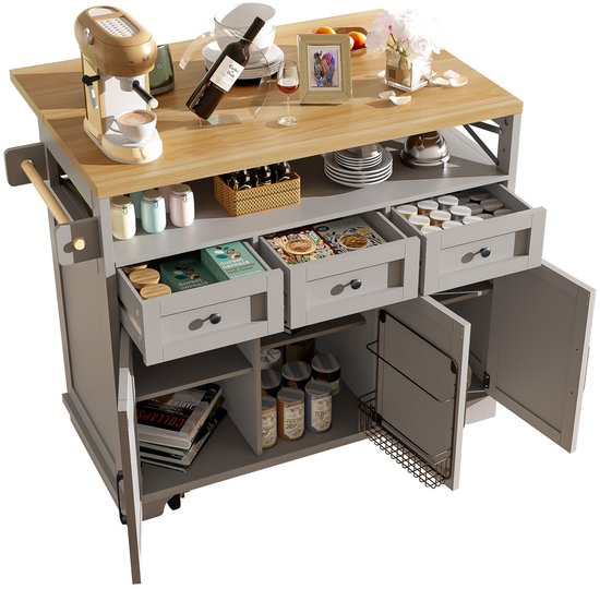 Desserte de cuisine Merax avec plateau rabattable – Îlot central 118 x 43-80 x 98 cm – Grijs – Meuble de rangement avec tiroirs – Portes – Porte-serviettes – Roues