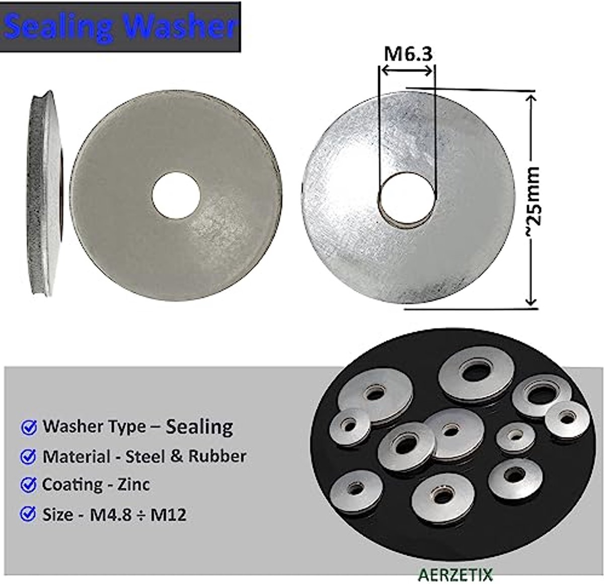 C67612 - Pack van 50 EPDM Sealingringen 6.3 x 25 mm - Galvaniseerd Staal - Zelfborende Schroeven