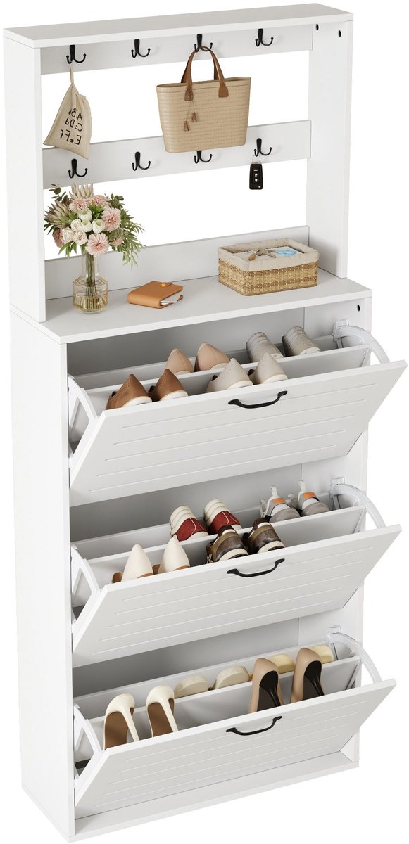 Merax Schoenenkast met 3 Deuren - Schoenenrek met Haken - Kast voor 15 Paar Schoenen - Opbergkast voor Schoenen - Tassen en Hoeden - Wit 70x25x163 cm