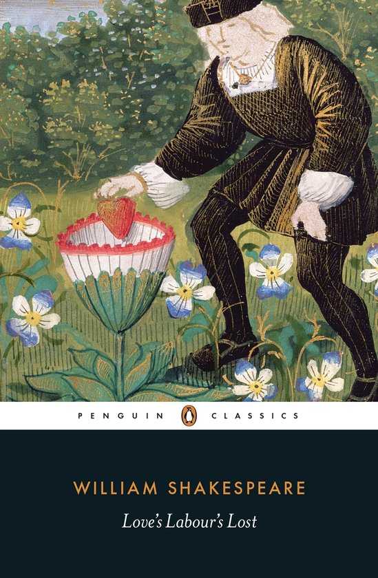 Een illustratie van William Shakespeare's 'Love's Labour's Lost' met een man in historische kledij die een hart uit een bloem haalt.