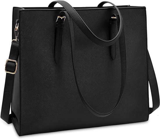 Grand sac fourre-tout noir avec double poignée et bandoulière réglable.