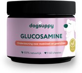 Pot met glucosamine voor honden, met afbeelding van een hond en kip. 100% natuurlijk, 60 kauwtabletten.