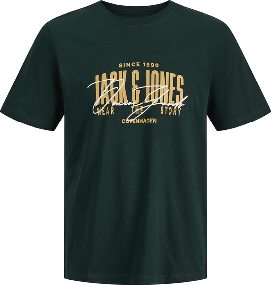 Donkergroen T-shirt van Jack & Jones met opdruk "SINCE 1990 JACK & JONES WEAR THE STORY COPENHAGEN".
