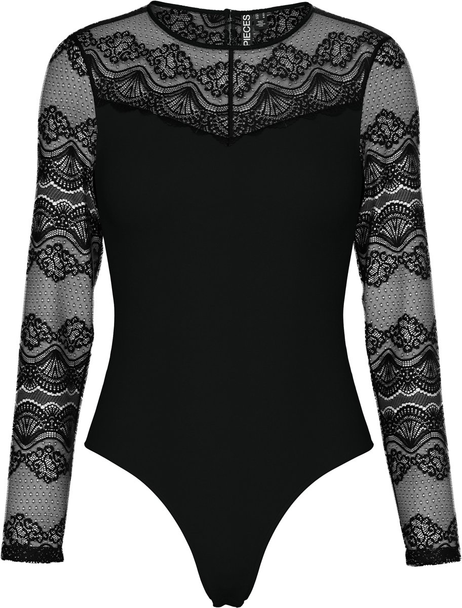 Pieces Kanten body dames - Lace top Sinna - Zwarte bodysuit lange mouwen met hoge hals - lingerie body - Zwart / M