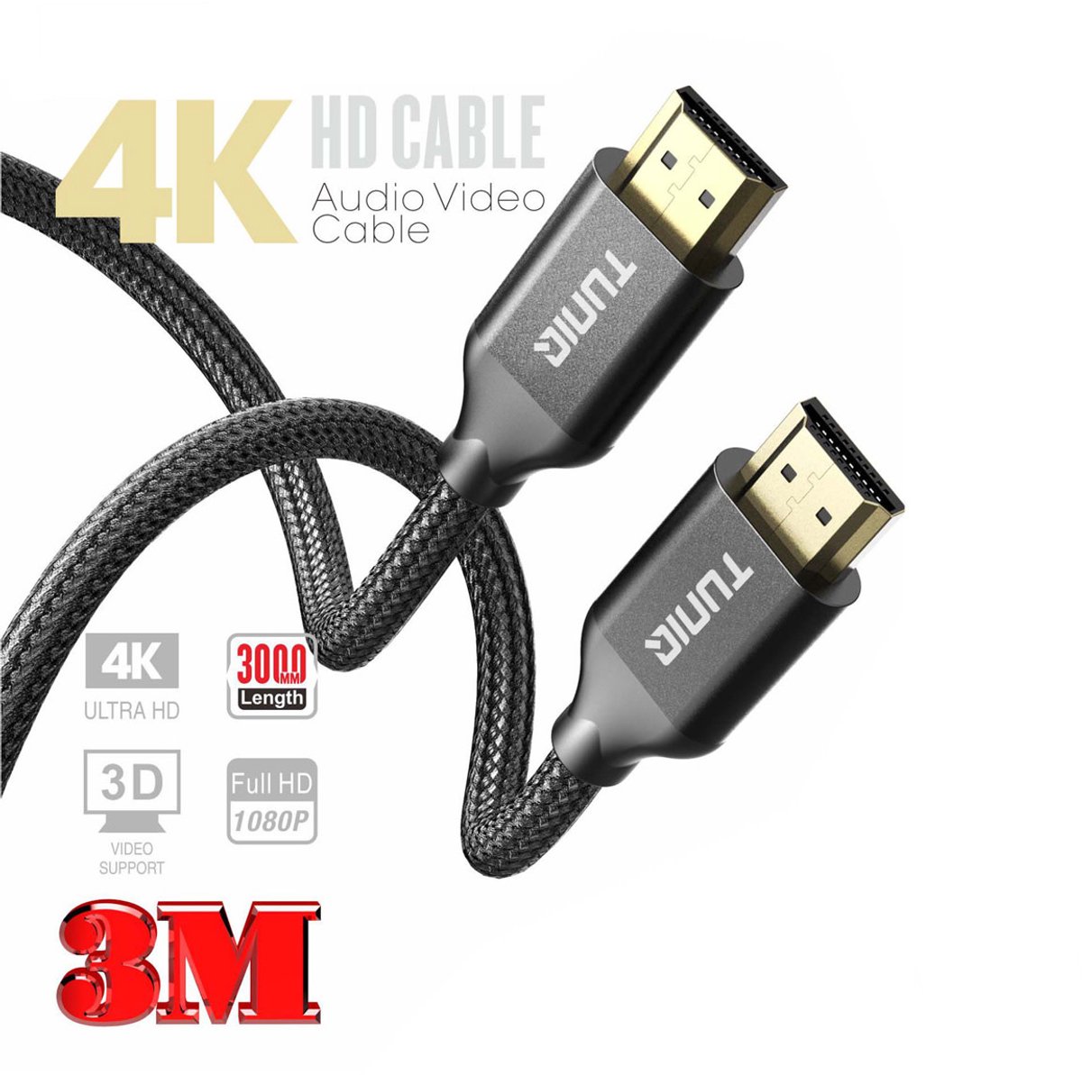 TUNIQ HDMI Cable - 300cm - 4K Ondersteuning - Zwart