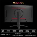 Zwarte monitor met rode accenten, met meerdere poorten: Earphone, USB 2.0, 2x HDMI 2.0, 2x DP 1.4.