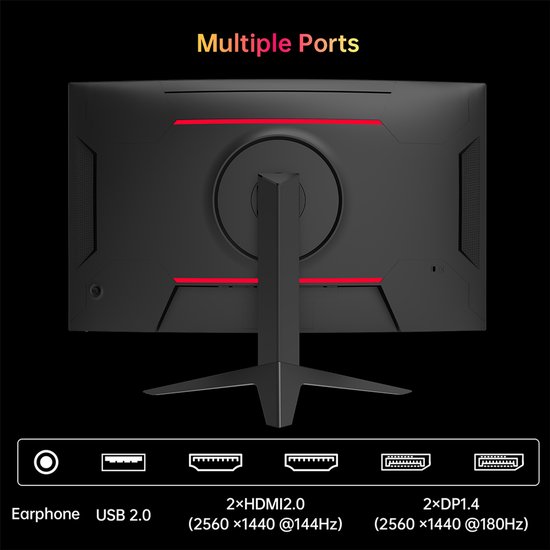 Zwarte monitor met rode accenten, met meerdere poorten: Earphone, USB 2.0, 2x HDMI 2.0, 2x DP 1.4.